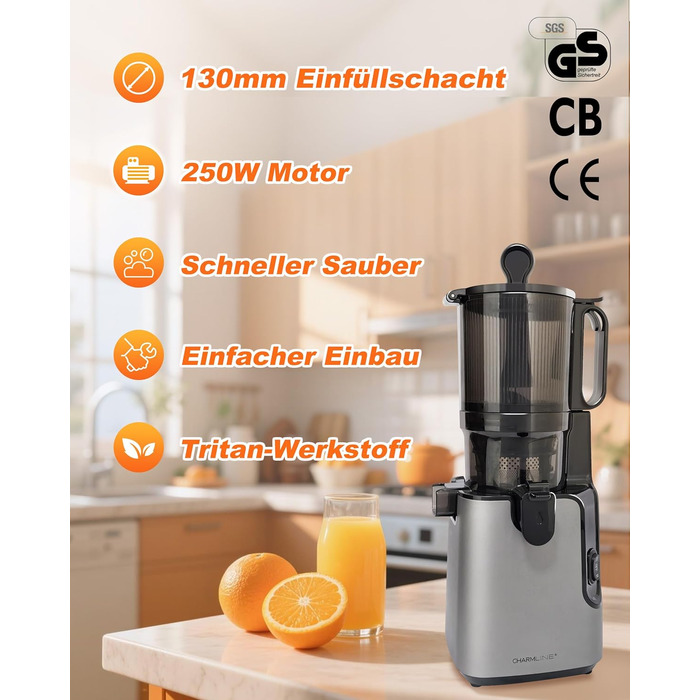 Charmline повільно-видавлюючий соковичавник (slow juicer), 130 мм завантажувальний отвір, 1.8 л контейнер для соку, BPA-free, сертифікат GS, легке очищення, переможець тестування для здорових соків