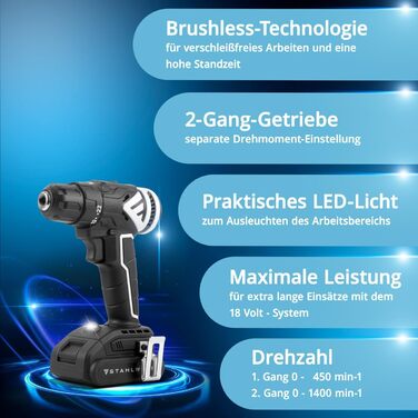 Акумуляторний шуруповерт STAHLWERK 18V Brushless з набором: акумулятор, зарядний пристрій, кейс (ABS-18 ST)
