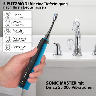 Електрична зубна щітка Tristan Auron Sonic Master (Чорний) – 55 000 VPM, 5 режимів, 60 днів роботи від акумулятора, з етиуі та 6 насадок
