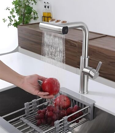Висувний змішувач для кухні з 4 режимами – нержавіюча сталь, водоспад, високий тиск, 3/8 дюйма, для мийки