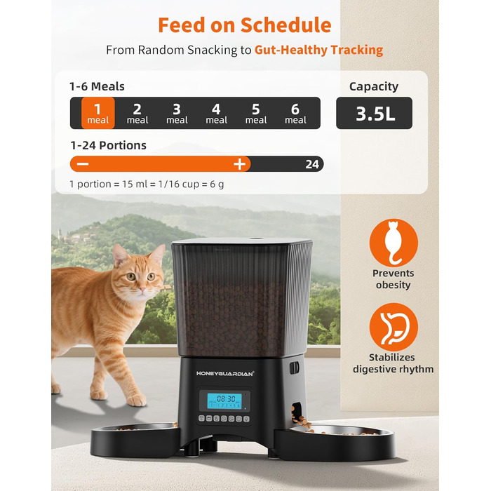 Автоматичний годівник для котів та собак HoneyGuardian з 2 мисками, таймером та великим об'ємом 3.5L, чорний