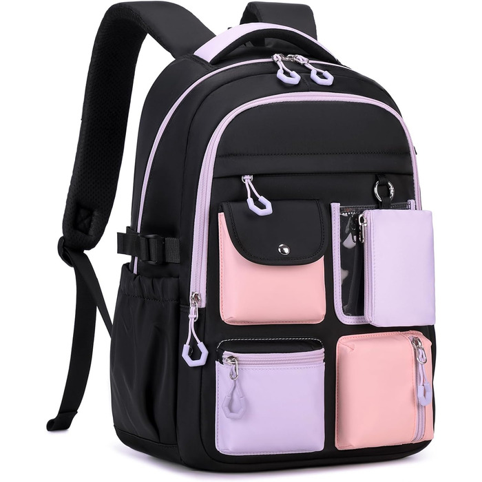 Шкільний рюкзак Tanou для дівчаток: великий, з тканини Oxford, з багатьма відділеннями, чорно-фіолетовий