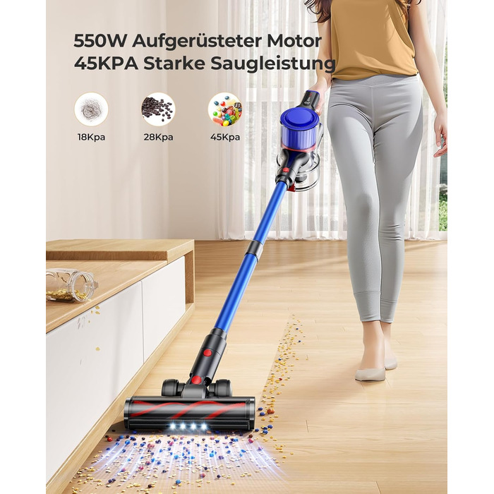 Бездротовий пилосос Fieety 550W з акумулятором, 45000Pa, 60 хвилин роботи, 6-в-1, тихий, з арома-пластиною, для твердих поверхонь, килимів та шерсті тварин