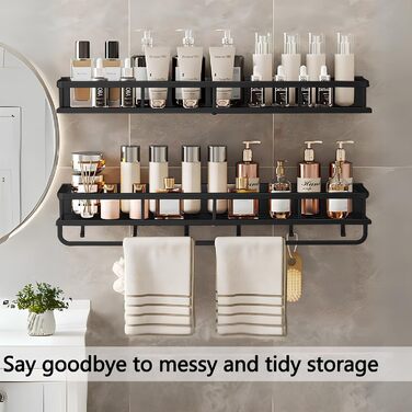 Поличка для душу Devesanter без свердління, 2 шт., 60 см, органайзер для шампуню та мила з тримачем для рушників та 6 гачками, для ванної кімнати, спальні, кухні, чорний