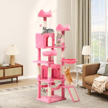 Кігтеточка YITAHOME XXL, 190 см, з 8 стовпів з сизалю, 3 платформи, 2 печери, кошик, гамак, іграшки, для котів, рожева