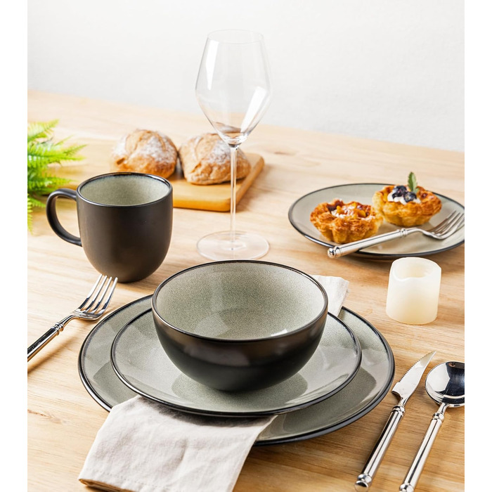 Набір посуду з каменю GBhome на 6 осіб (18 предметів), ручна робота, реактивна глазур, мікрохвильова та посудомийна машини, набір тарілок та мисок Desret Salbei
