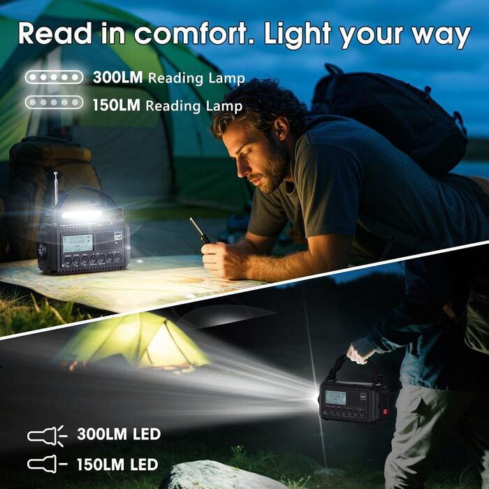 Радіо DAB/DAB+/UKW з вбудованим акумулятором 5000mAh, сонячне, аварійне, з USB-зарядкою, для кемпінгу, з LED-ліхтариком, SOS-сигналом, ручне, портативне, чорне