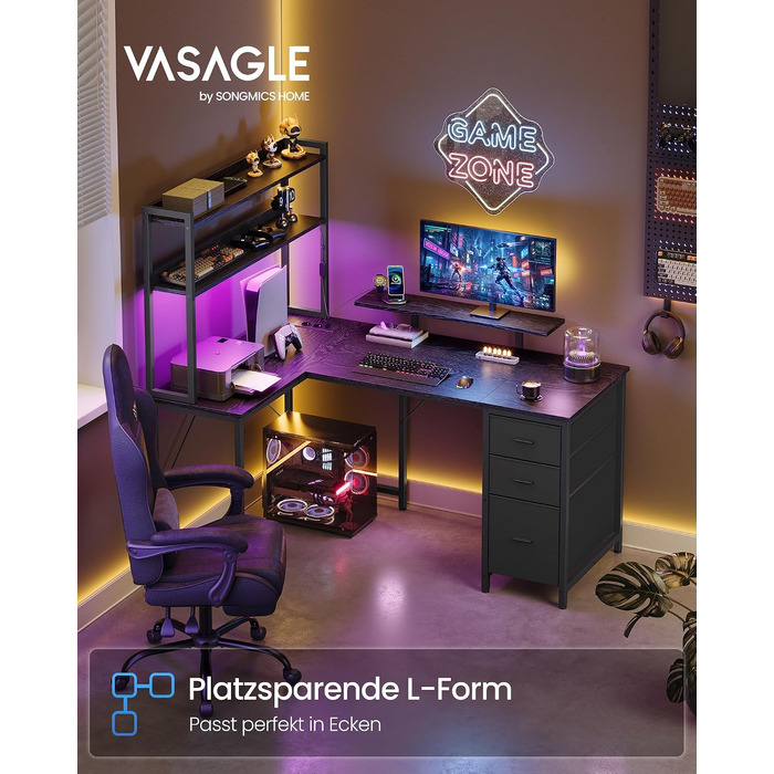 Ігровий стіл VASAGLE L-подібний з LED-підсвіткою та вбудованими розетками, чорний, 140x100x150 см