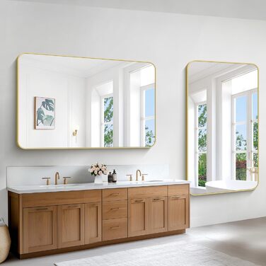 Дзеркало для ванної кімнати BONEWEI, 61 x 121,9 см, прямокутне, для монтажу на стіну, з рамою, косметичне дзеркало з округлими кутами, для спальні, вітальні, передпокою, горизонтальне (Золотий, 150x90 см)