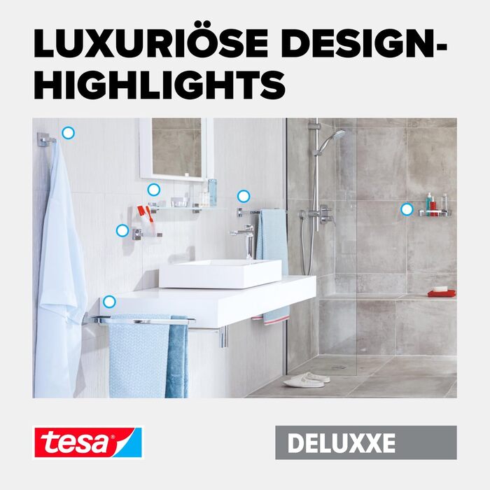 tesa DELUXXE Towel Ring, chrome-plated - rectangular towel holder ring - for wall mounting without drilling, including adhesive solution - 185mm x 156mm x 45mm