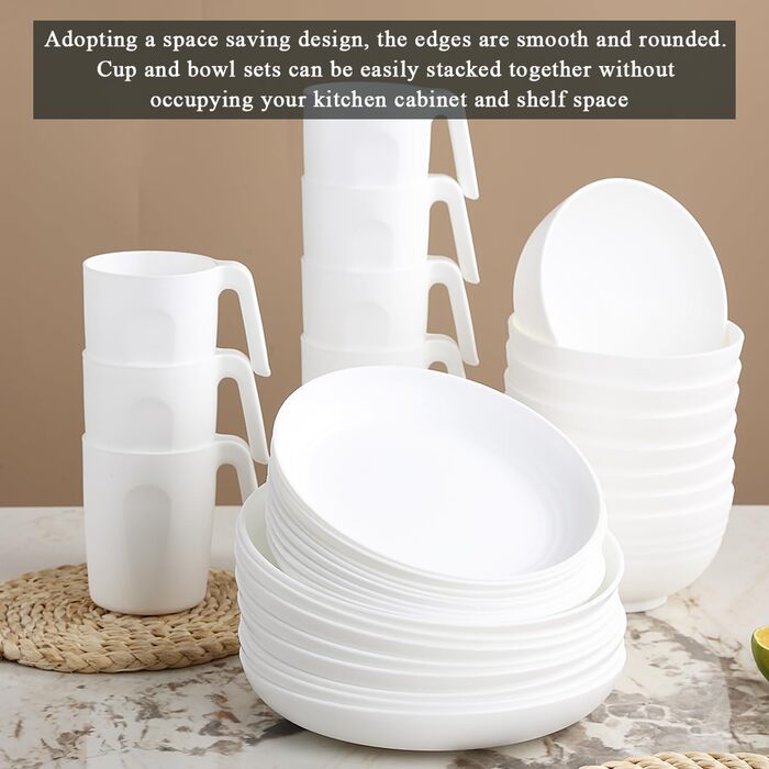 Набір посуду Berglander 24 шт. для 6 осіб: тарілки, миски, чашки (білий пластик)