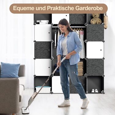 DIY Closet Shelf System, 16 Cubes Wardrobe Closet, Open Closet, Plastic Wardrobe with Doors, Wardrobe Cabinet, Black, 180 x 142 x 37CM (Black and White, 20 Cubes)