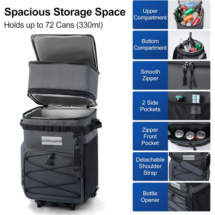 Термосумка Odoland 72 літри з колесами та ручкою – сіра. Ізольована сумка-холодильник для пікніка, пляжу, кемпінгу, подорожей. Витримує 72 банки. Водонепроникна та витікання не допускає.