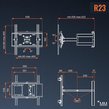 Кріплення для телевізора RICOO S5144: поворотне, настінне, для телевізорів 30-55 дюймів, універсальне, smart, плоске та curved, VESA 400x400, до 50 кг