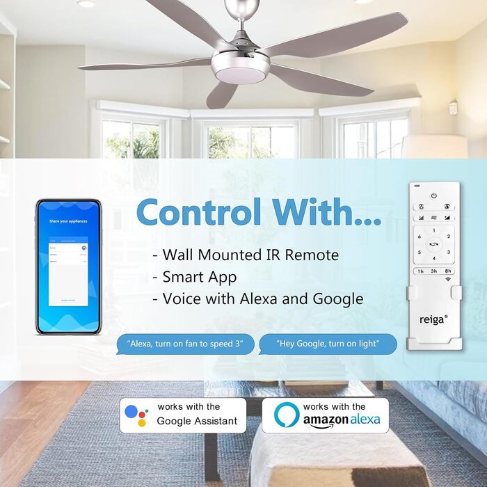 Вентилятор стельовий Reiga з LED-підсвічуванням та пультом керування, 132 см, білий, DC-двигун, тихий, 6 швидкостей, 3 колірні температури, для внутрішнього та зовнішнього використання (5 лопатей, сріблястий)