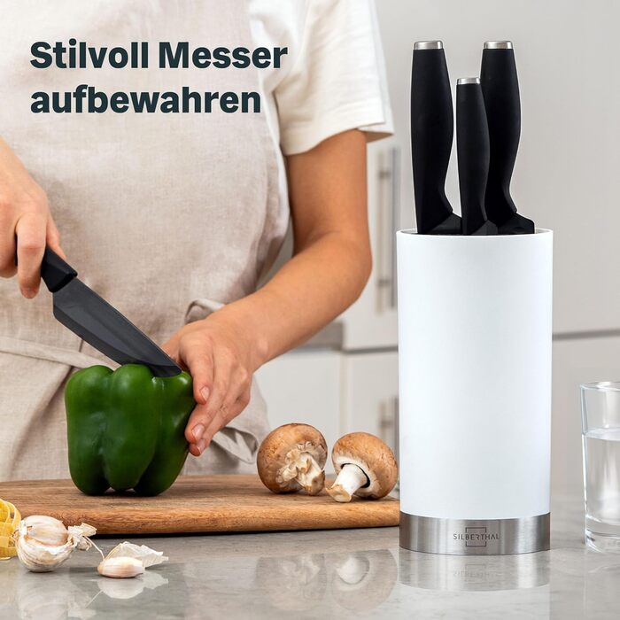SILBERTHAL Universal Knife Block - Removable brush insert - without knives - unequipped - Knife storage with stainless steel ring - White
