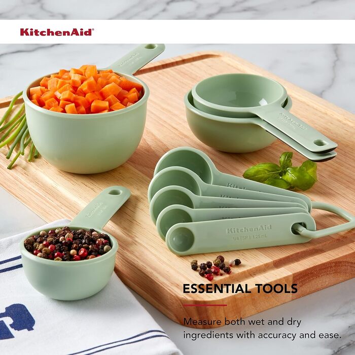 KitchenAid Universal Measuring Cups and Spoons Set, easy-to-read, with soft-grip handles for maximum control, hanging hole and nesting for easy storage, dishwasher safe, 9-piece