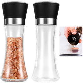 Набір з 2 шт. мельниць для перцю та солі, регульована ступінь помелу, керамічний механізм, прозоре скло та нержавіюча сталь, підходить для перцю, солі та чилі