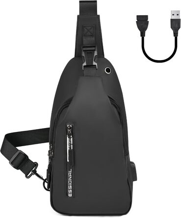Чоловіча нагрудна сумка-слінг Brusttasche з USB-портом для зарядки, водонепроникна, чорна (#3 B)