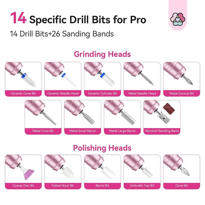 SAVILAND Професійний фрезер для нігтів Advanced 30S: електрична машинка для манікюру з 40000 обертів/хв, акумулятор 4000 mAh, 40 шт. насадок, для товстих акрилових нігтів (рожевий, діамантовий)