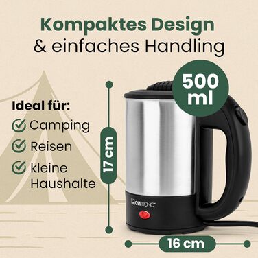 Електричний чайник Clatronic WKS 3692: 1,5 л, нержавіюча сталь, без BPA, для дому та подорожей (з чашкою)