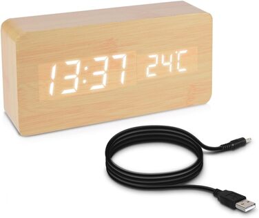 kwmobile Wooden-Look Digital Alarm Clock - Digital Clock with Time, Temperature, and Date Display - Alarm Clock with USB Cable in Birch with White LEDs