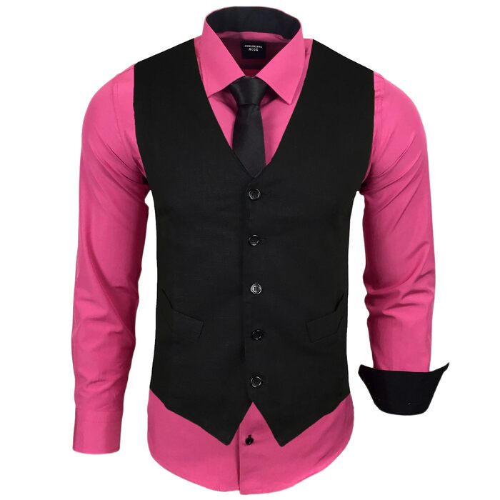 Чоловічий костюм-трійка Subliminal Mode: сорочка, жилет, краватка, Slim Fit, довгий рукав, бізнес, подарунковий набір, колір фуксія, розмір S