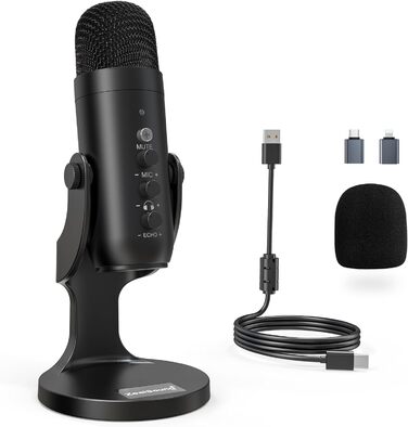 USB мікрофон Zealsound: конденсаторний мікрофон для ПК, телефону, PS4, PS5. Ідеально для геймінгу, подкастів, запису звуку, стрімінгу та ASMR. З регулюванням гучності та ефектом ехо. Сумісний з Mac, Windows. Чорний колір.