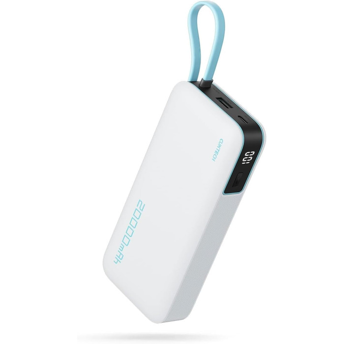 Power Bank CUKTECH 20000mAh з USB-C кабелем, 45W, білий. Швидка зарядка, цифровий дисплей для iPhone, MacBook, Galaxy.
