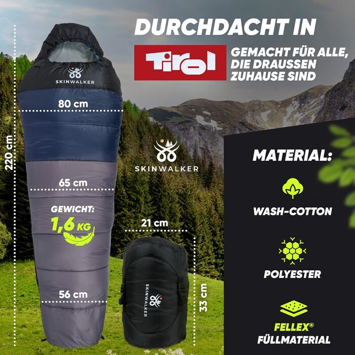 Спальний мішок SKINWALKER 3-4 сезони з знімним флісовим вкладишем, ультралегкий (-1600г), для кемпінгу та піших прогулянок, зимовий/літній, муміє, зелений (сіро-блакитний)