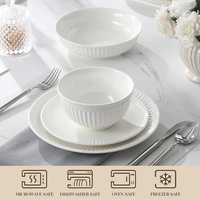 MALACASA LEILA Набір посуду на 6 осіб, 24 елементи: тарілки, миски, порцеляна, ручна робота, для мікрохвильовки та посудомийної машини, білий