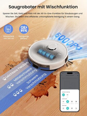 Робот-пилосос LEFANT M2 Pro з потужністю 6000 Па, автоматичною витяжкою сміття, лазерною навігацією та картографією, індивідуальним прибиранням, уникненням перешкод PSD, ідеальний для видалення шерсті тварин, білий