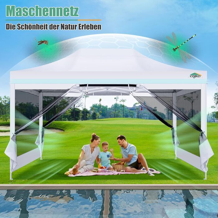 COBIZI Pavilion 3x3m Foldable, Waterproof & Winter-Proof – Stable Garden Tent with 23mm Steel Pipe, UV50+ and Mosquito Nets for Camping/Parties + Carry Bag (White, 3mx4.5m)