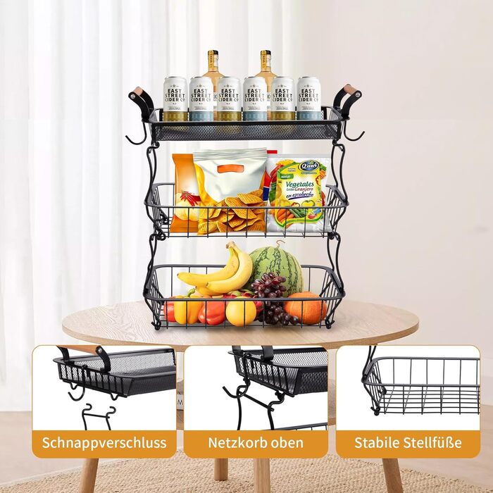 Металевий фруктовий кошик на 3 яруси з підставкою для бананів - чорний | Для кухні, обідньої зони, комори