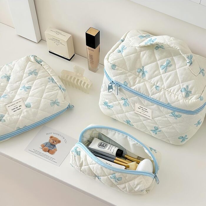 Набір косметичок 3 шт. для подорожей, дамські косметички з квітковим принтом, набір для макіяжу, косметичні сумочки для дівчат та жінок (блакитна стрічка)