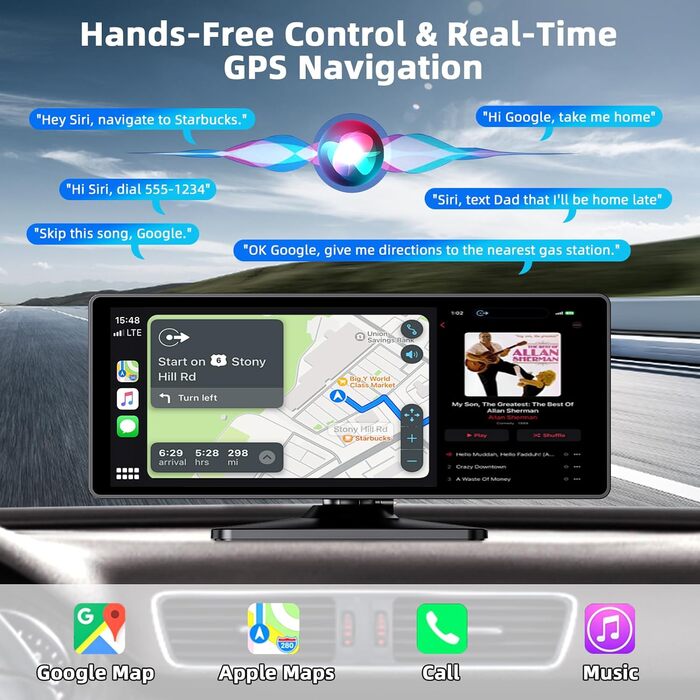 10.26-дюймовий бездротовий дисплей CarPlay/Android Auto для авто з 4K відеореєстратором, 1080P камерою заднього виду, GPS, Bluetooth, FM, 64 ГБ, підтримка Siri/Google Assistant, Mirror Link