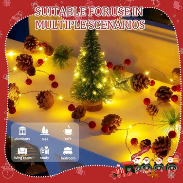 LED гірлянда на ялинку з шишками та червоними ягодами, 2м, 20 LED, тепле біле світло, режим блимання, для прикрашання дому та саду