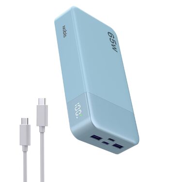 Power Bank NOBIS 20000mAh 65W USB-C PD QC з дисплеєм - портативний зарядний пристрій для ноутбука, телефону, планшета (Синій)
