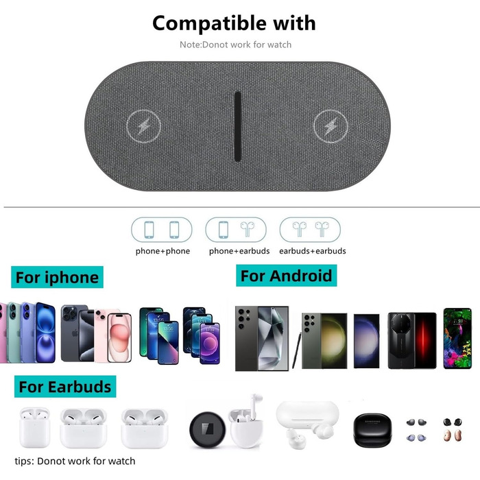 Бездротова зарядка 40W 2 в 1 для iPhone, Samsung, AirPods: швидка зарядка для iPhone 17/16/15/14/13/Pro/Pro Max, AirPods 4/3/Pro, Galaxy S25/Galaxy Buds (сірий)
