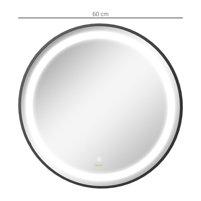 Kleankin LED Bathroom Mirror Ø60cm, Bathroom Mirror with 3 Light Colors, Touch Function, Memory Function, IP44, Black for Modern Bathroom