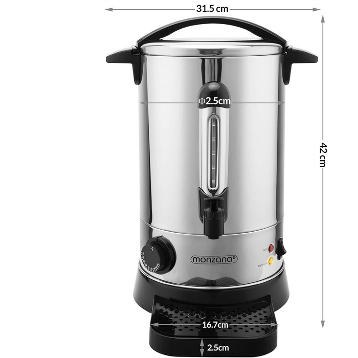 MONZANA® Glühwein Cooker 6.8L with Tap, Drip Tray, Thermostat 30-110°C, Hot Beverage Dispenser, Stainless Steel, Canning Pot, Punch Cooker, Hot Beverage Machine