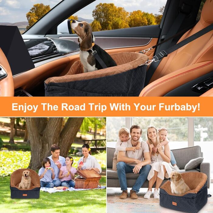 Elevated Dog Car Seat - Washable & Removable for Small & Medium Dogs (Up to 13.6KG) with Storage Pockets & Safety Belt - Black & Brown