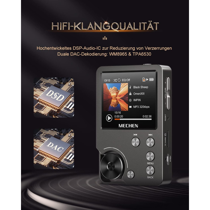 MECHEN M30 MP3 Плеєр Hi-Res з DAC, DSD FLAC, 64GB, Підтримка до 256GB (Сірий)