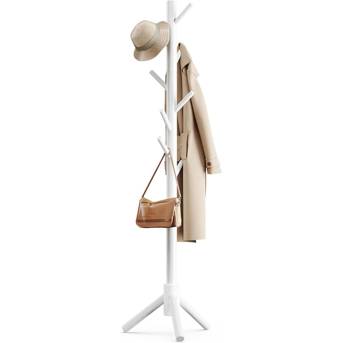 Freestanding Coat Rack with 3 Adjustable Heights & 8 Hooks, Sturdy Wooden Clothes Rack for Clothing, Hat, Used in Bedroom/Office/Entryway, White