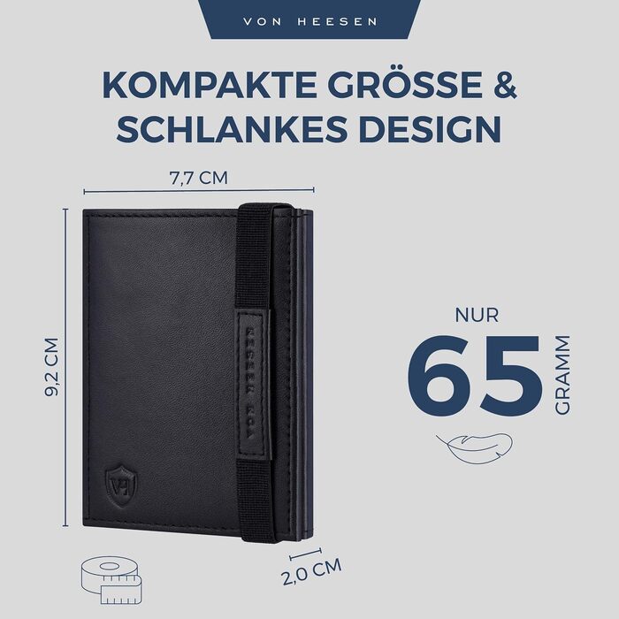 Шкіряний тонкий гаманець VON HEESEN з RFID-захистом, компактний картхолдер для чоловіків та жінок, чорний (гладка шкіра, без монетниці)