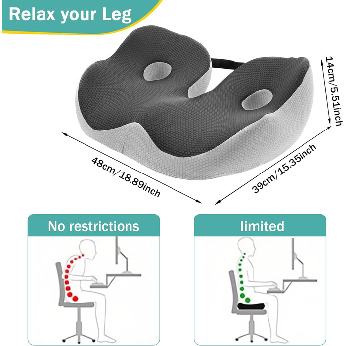 Подушка для сидіння з піною з пам'яті, ергономічна ортопедична подушка для офісного крісла, подушка для сидіння з піною з пам'яті, подушка для куприка з регульованою шириною для офісу/автомобіля, знімає біль в сідниці (темно-сірий)