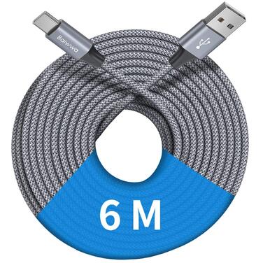Кабель USB-C на USB-A 6м сірий, для Samsung, iPhone, Redmi, Pixel - міцний нейлоновий шнур для зарядки та передачі даних