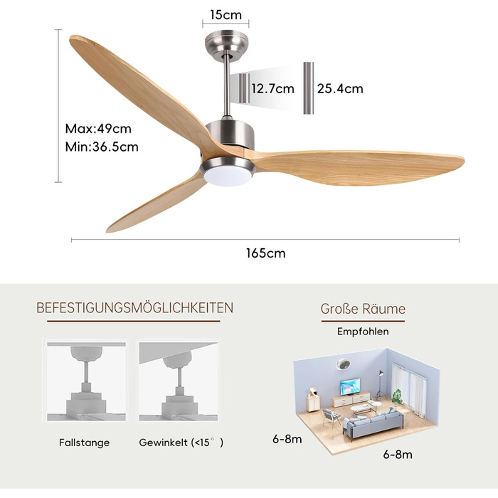 Стеляний вентилятор Ovlaim з освітленням та пультом керування, тихий DC мотор, 3 лопаті, Smart, для вітальні/спальні, натуральний & сріблястий (Burlywood/Silver, 165 см)