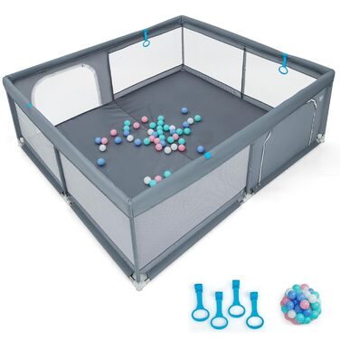 DREAMADE Playpen Baby, 200 x 180cm Playard with 50 Balls & 4 Grips & Carry Bag, Foldable Crawling Gate with Breathable Mesh, for Baby & Toddlers 0-36 Months (Dark Grey)