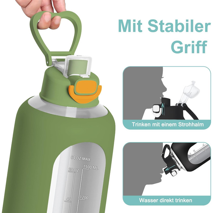 2 Liter Glass Water Bottle, 2L Glass Bottle, Glass Water Bottle with Straw, Bottle Brush, (Green)